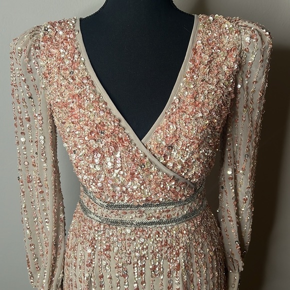 Mac Duggal 93593 Sequined V Neck Bishop Long Sleeve Dress Nude NWT! - Picture 5 of 14